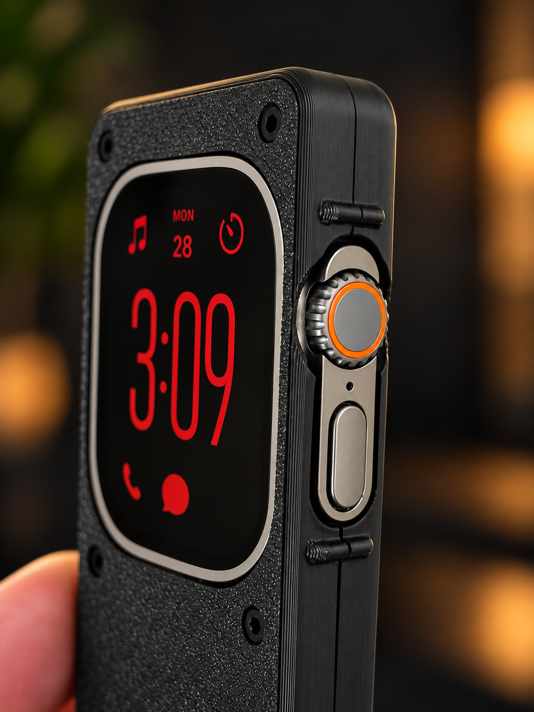 Close-up of a black Unwrist case, watch screen on, side button and Digital Crown visible.