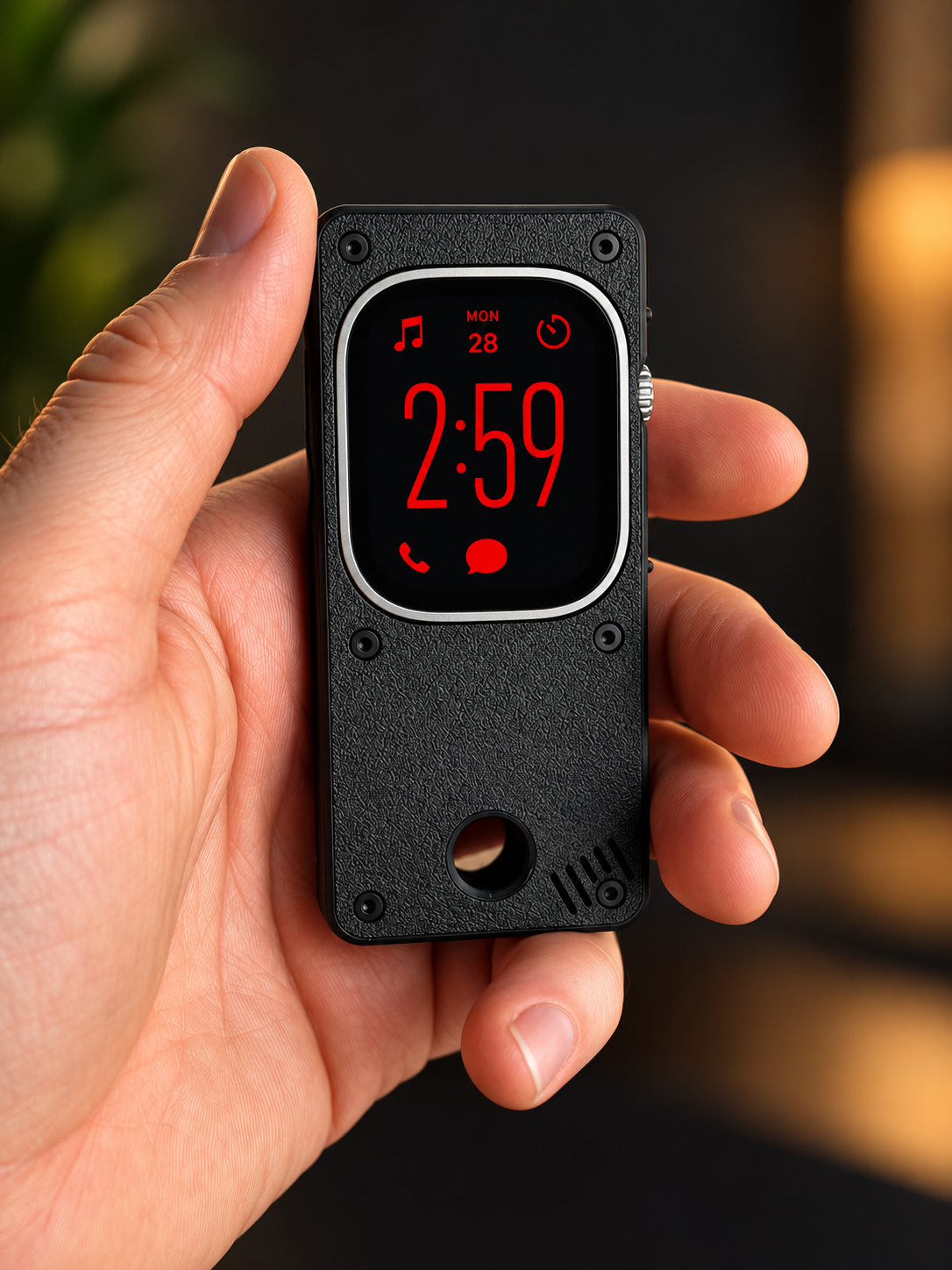 Black Unwrist case held in a hand, watch screen on, lanyard hole at the bottom.