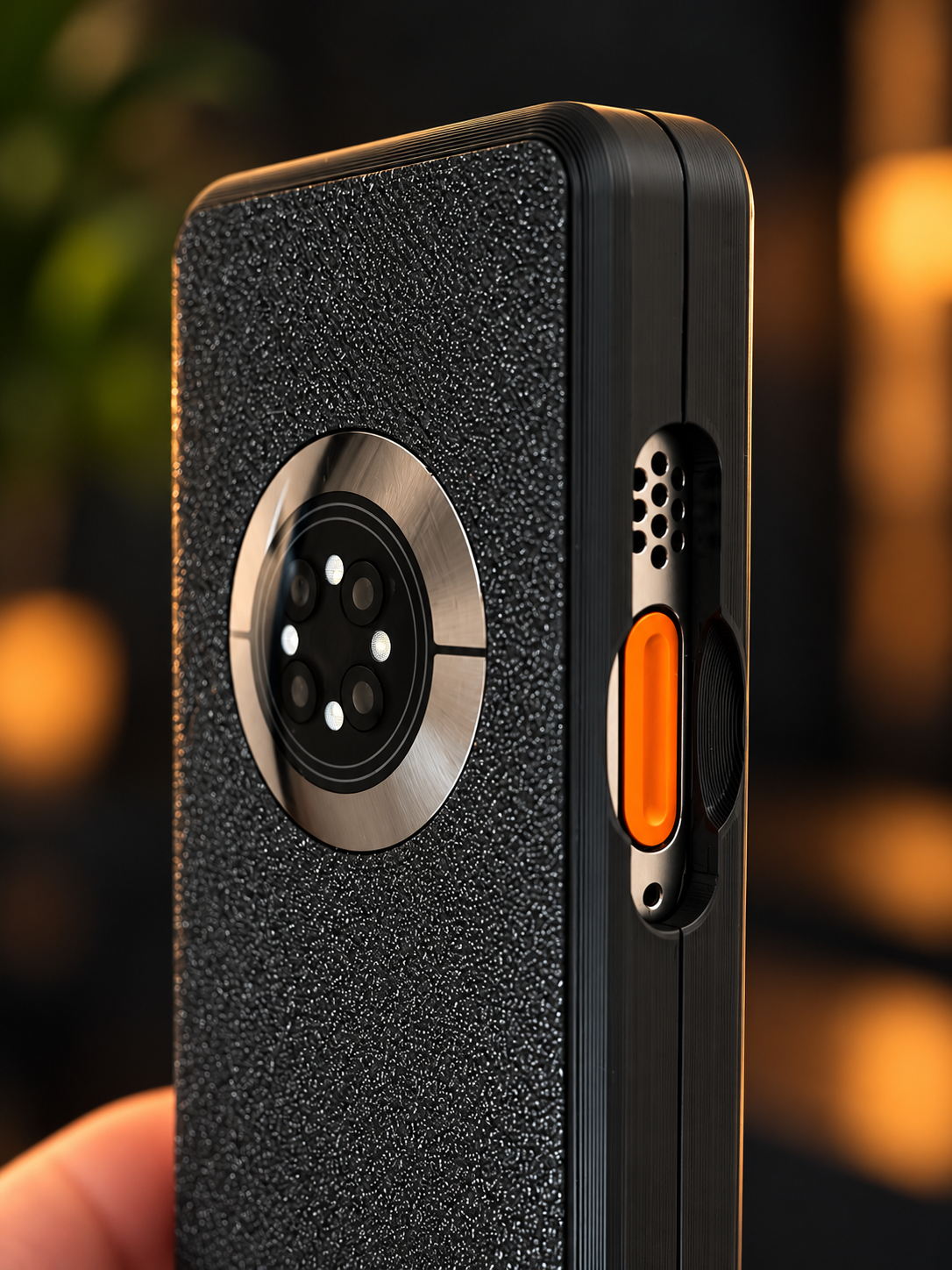 Close-up of the back of a black Unwrist case, sensor array clear, side button visible.