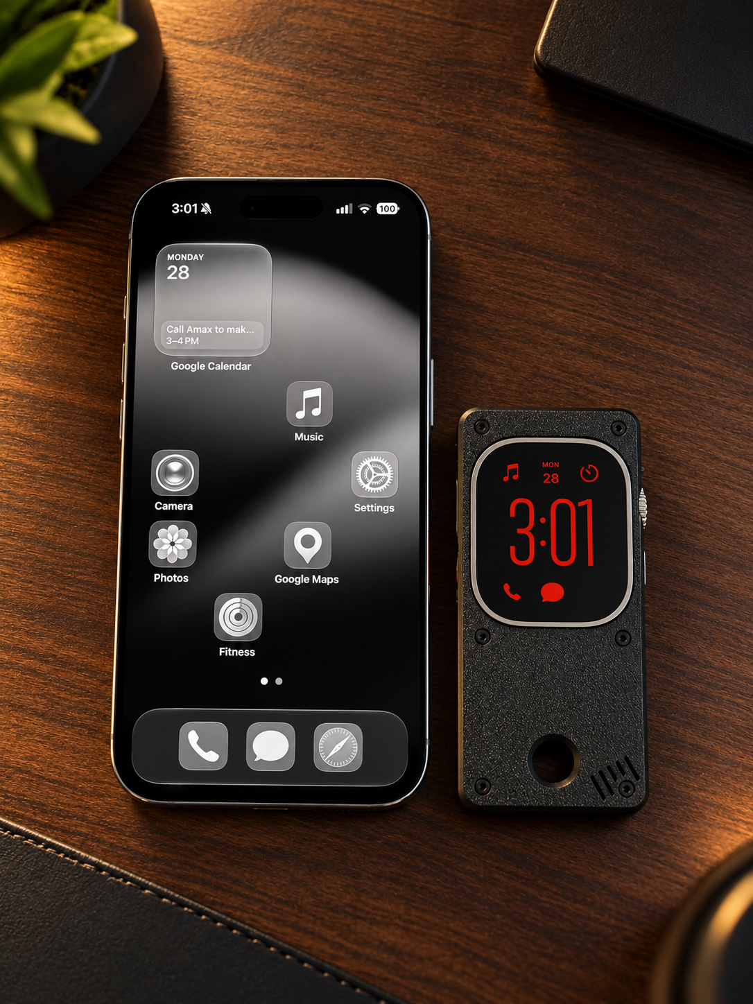 Black Unwrist case beside an iPhone on a wooden desk, both screens on.
